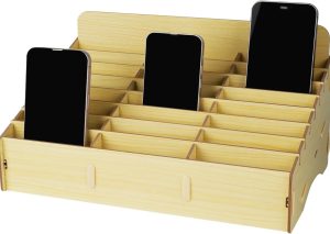 24-Grid Wooden Desk Box – Mobile Phone Stand for Meetings
