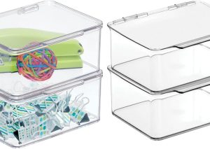 4-Pack Clear Small Storage Boxes – Hinged Lid for Desks