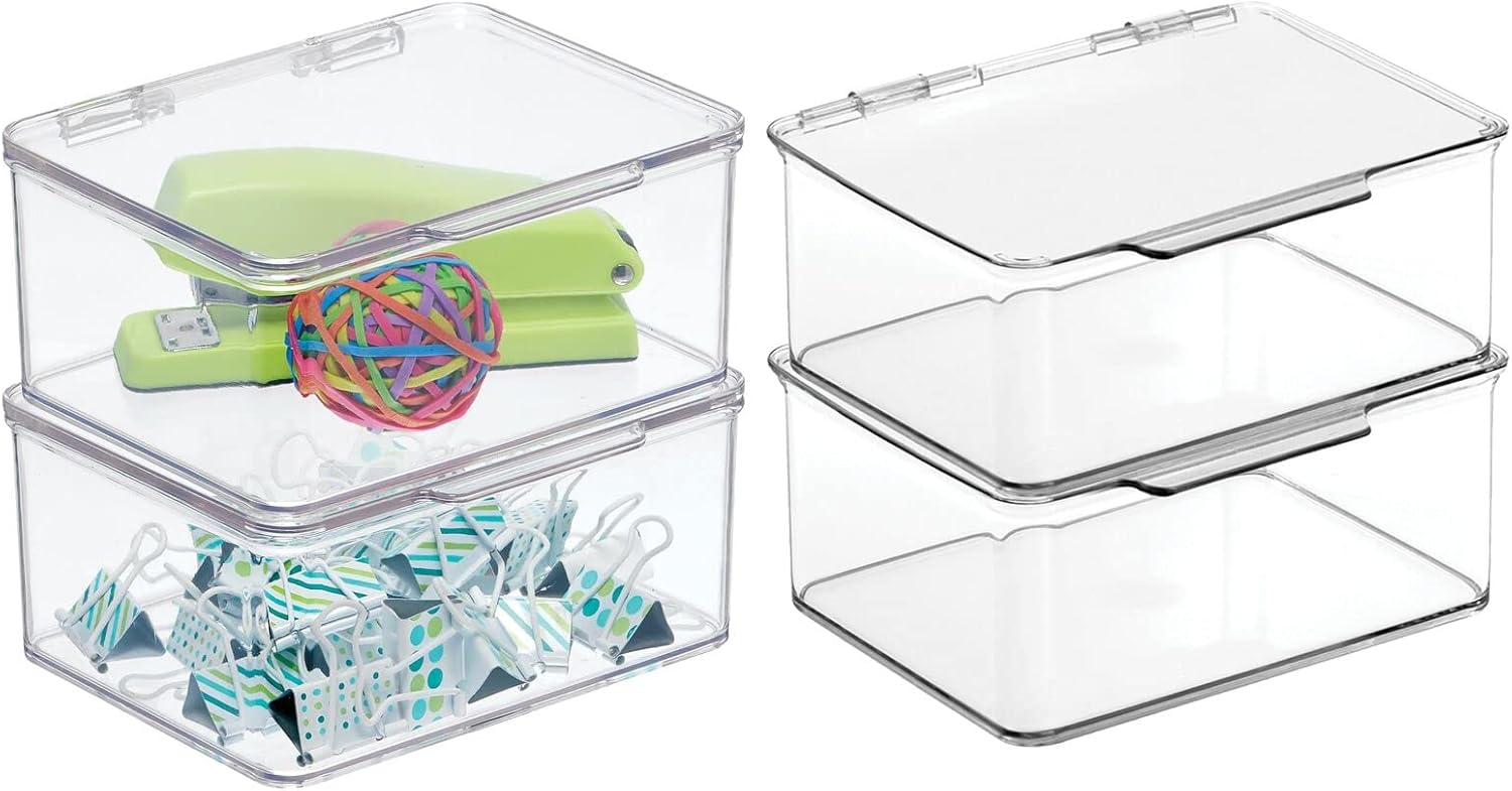 4-Pack Clear Small Storage Boxes – Hinged Lid for Desks