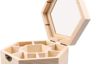 Hexagon Wood Jewellery Box – Hinged Lid, Window, Desktop Organiser