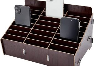 24-Grid Black Wood Phone Box – Walnut, for Office & School