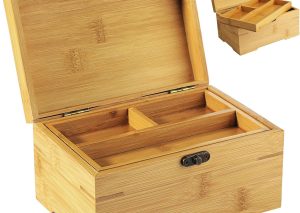 Large Bamboo Box with Hinged Lid – 7x5x4 in, 2 Compartments, Tray