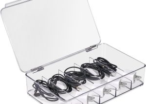 Clear Cable Box – Hinged Lid, 5 Dividers, for Cords & Small Items