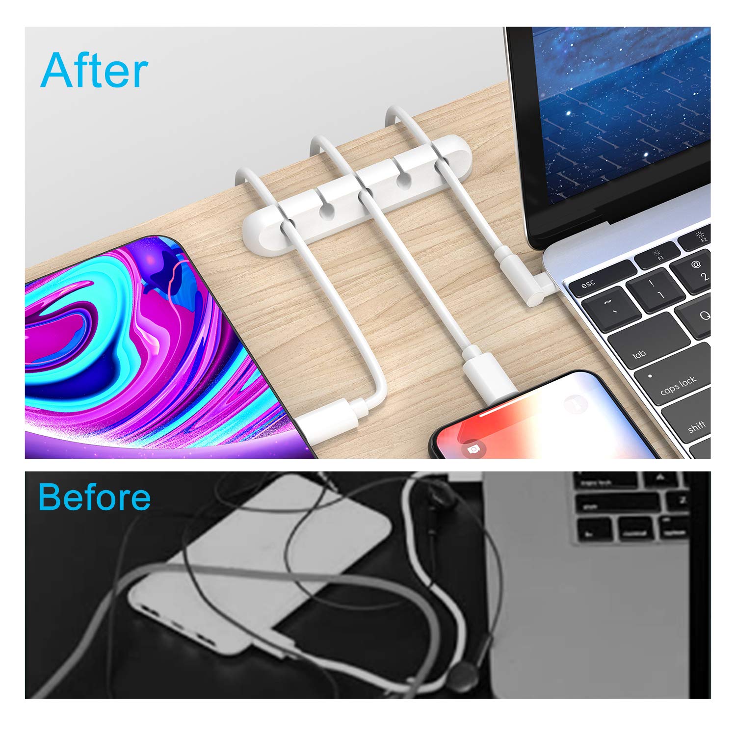 White Cable Clips – 2-Pack, 3+5 Slots, USB Holder for Desk, Car, Home - Image 2