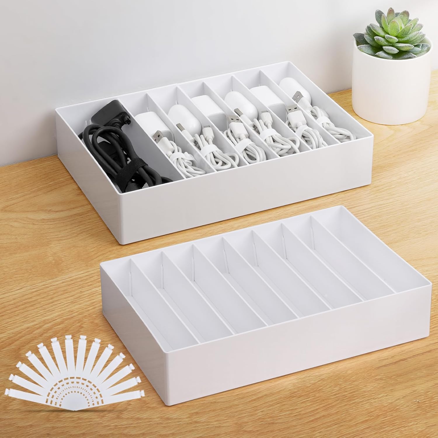 2-Piece Large White Cable Box – 8 Compartments, Wire Ties