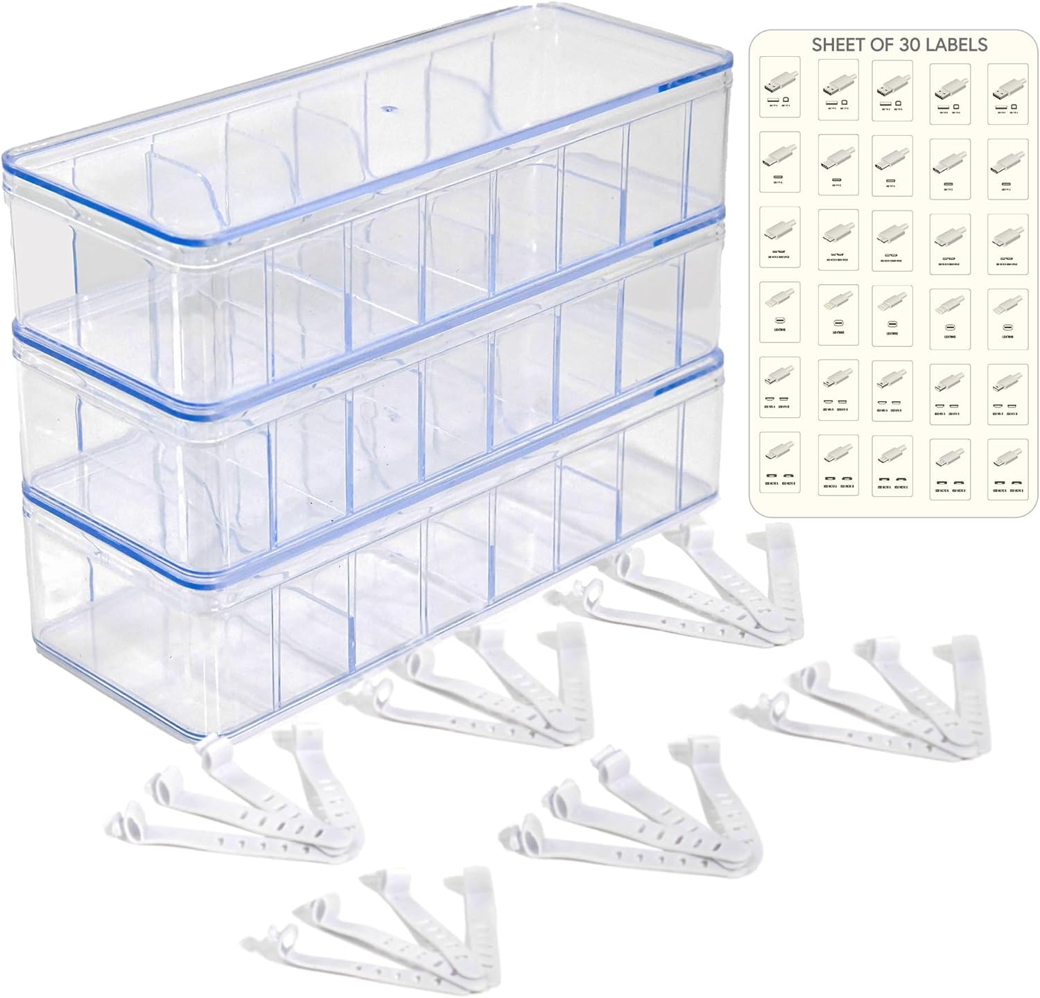 Set of 3 Stackable Cable Boxes – Lids, Labels, for Desk Drawer