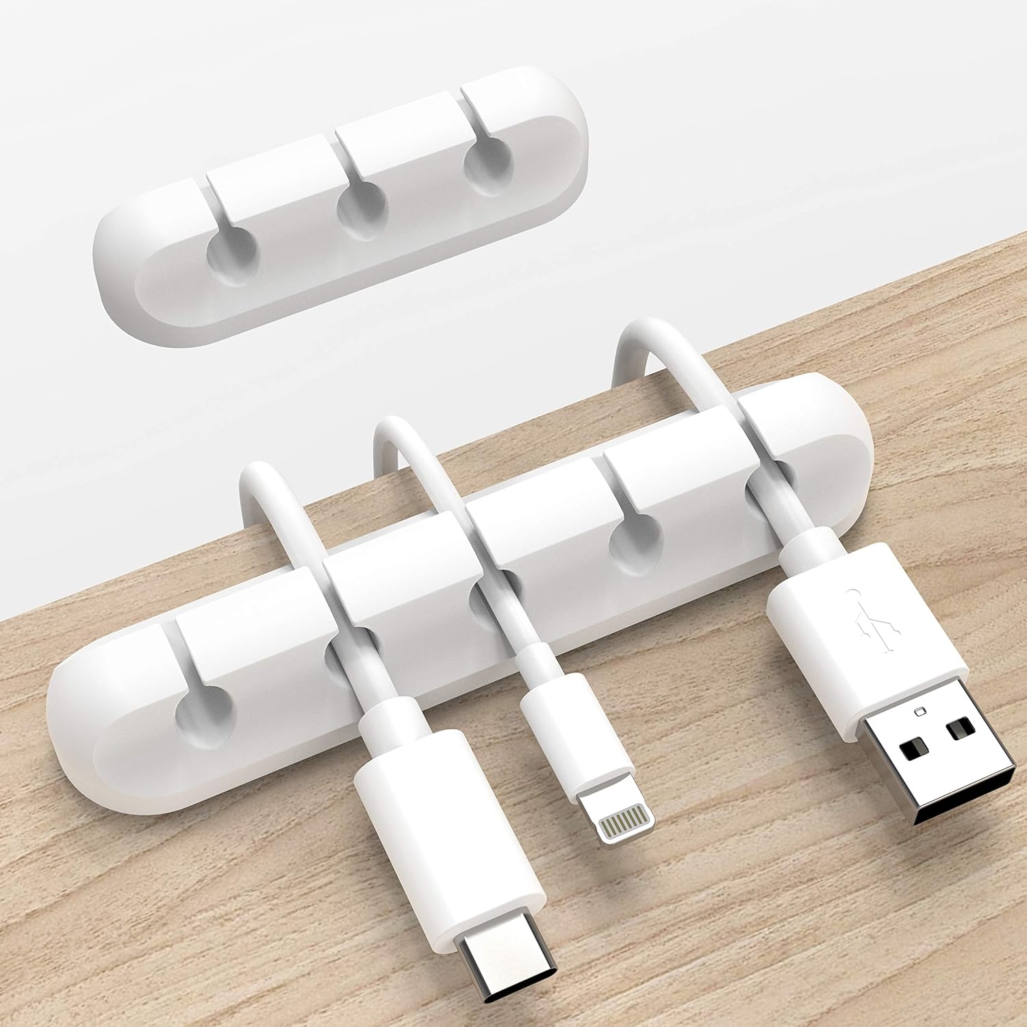 White Cable Clips – 2-Pack, 3+5 Slots, USB Holder for Desk, Car, Home