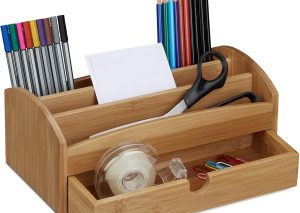 Natural Bamboo Desk Box – 4 Compartments, 1 Drawer, 27.5x15x11 cm